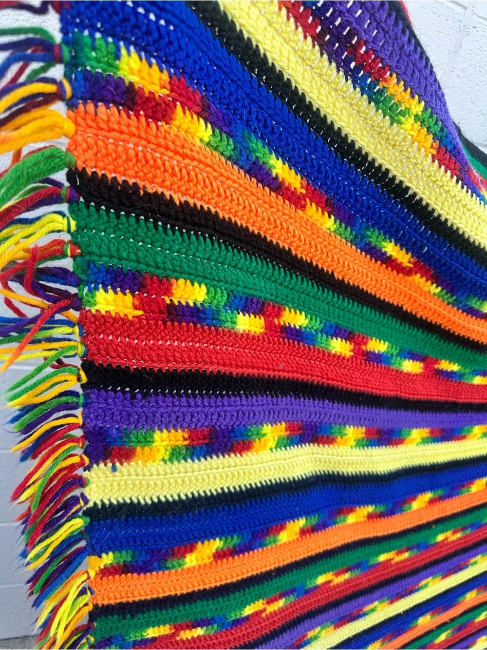 Handmade Happy Multicolor Crochet Throw Blanket - Colorful Stripe Accent fringe